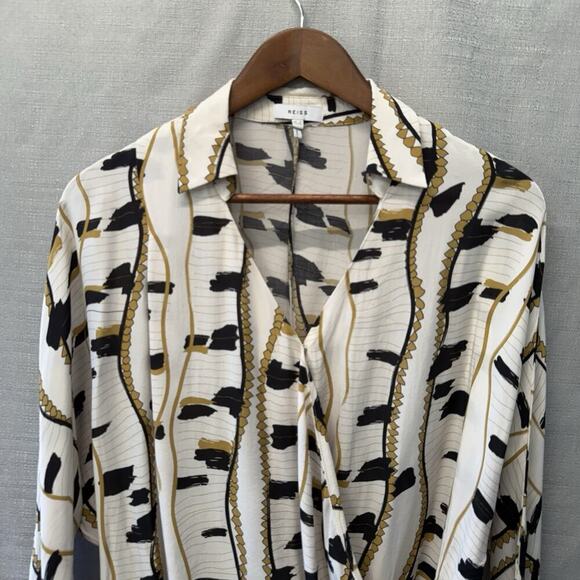 Reiss Blouse Top Womens Size 0 March Print Wrap Front Rouche Old Money Mob Wife - Picture 2 of 7